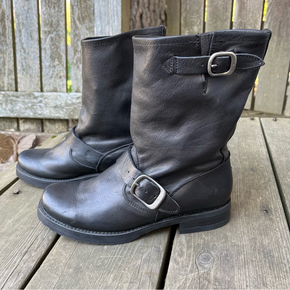 Frye Black Leather Combat & Moto Boots